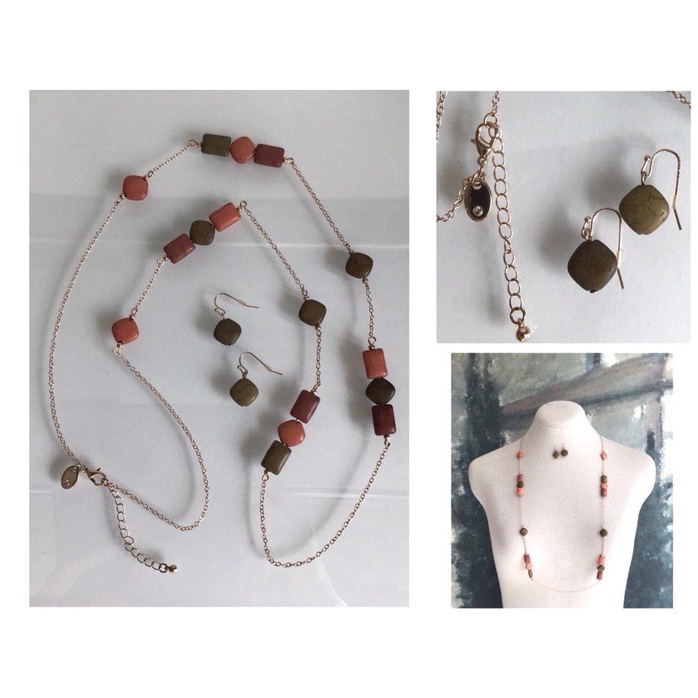 Frosted Natural Stone Rust Green Matte Finish Chiclet Bead Necklace & Earrings